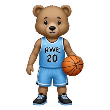 Bear with full body and wearing basketball black and light blue jersey that says RWE  sticker