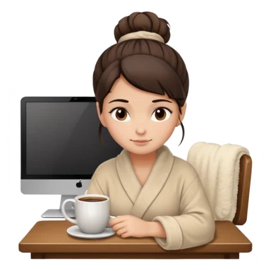 A brunette girl with a bun as hairstyle, with dark brown eyes, dark circles under eyes, tired, sad face, with a mug of coffee in one hand and sitting in front of a computer, wearing a soft fluffy beige robe sticker