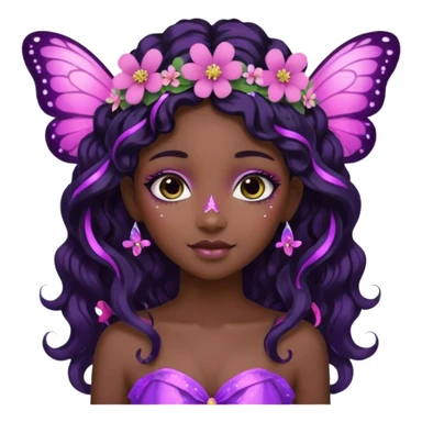 Black girl fairy with long wavy black hair, pink and purple red butterfly wings sparkly sticker