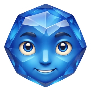 A single sapphire-blue faceted rock head, chunky and worn, with a few visible cracks and chipped facets but still shiny, big kind eyes and a confident smile, 3D game asset, centered on dark background, no body, no other elements. sticker