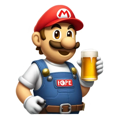 Mario plumber drinking beer with a shirt with the letters “HOPE” with a pipe wrench logo sticker