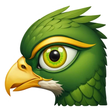 close up of just the eye and nothing else at the side profile of the face of a green hawk that is looking away from the camera on white background sticker