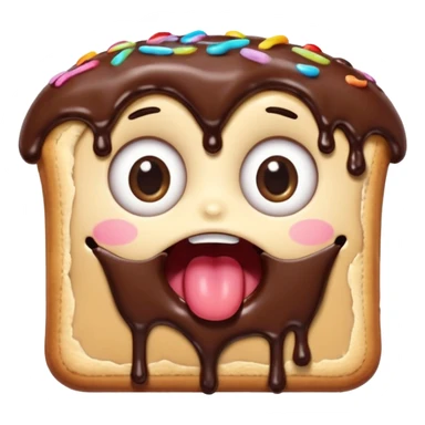 Rectangular chocolate mini pastry, slightly messy and squished, chocolate dripping, big round eyes, wide open mouth, playful surprised expression, text above: "ПАСТИЧКА", chibi style, Twitch emoji style, transparent background, colorful

 sticker