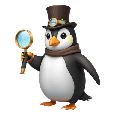 a steampunk engineer penguin analysing a data stream with a magnifying glass on top of an iceberg sticker