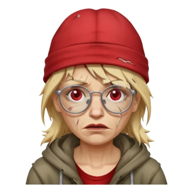 very dirty looking homeless woman with ripped red hat with ugly blond hair and broken glassess sticker