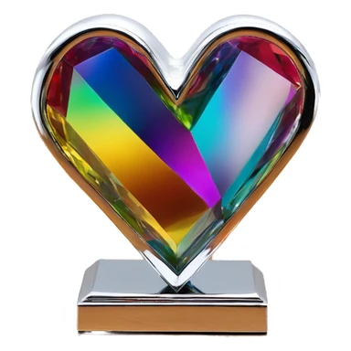 symbolic heart chrome sculpture symbolizing chromatic light with a geometric, faceted design. The heart is standing upright with angular and baroque features. The vibrant rainbow of colors highlights the sharp edges and planes.  sticker