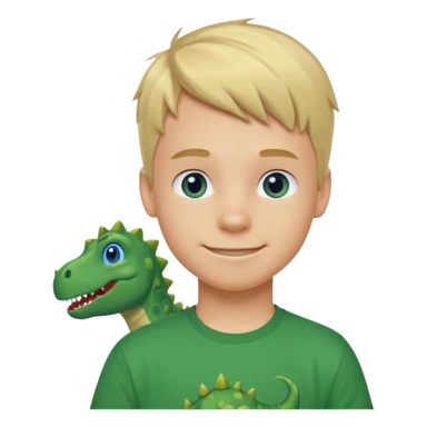 A smiling blond boy with blue eyes wearing a green dinosaur T-shirt sticker