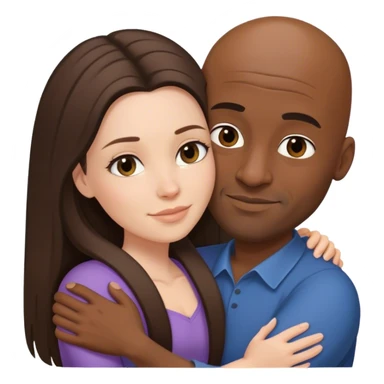 White brunette female with long hair hugging bald black man with out a beard sticker
