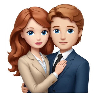Barbie girl  , eyes blue , Chestnut red long wavy hair In pale beige clothes, Hugs a man with light brown hair short haircut, brown eyes , and a black suit sticker