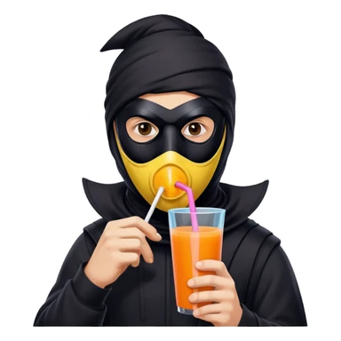 Masked man in dark clothing holding and drinking from a juice box with a straw, comical contrast between serious masked appearance and innocent juice sticker