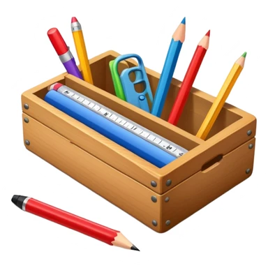 small box of teaching supplies with a pencil, ruler, and markers sticking out sticker