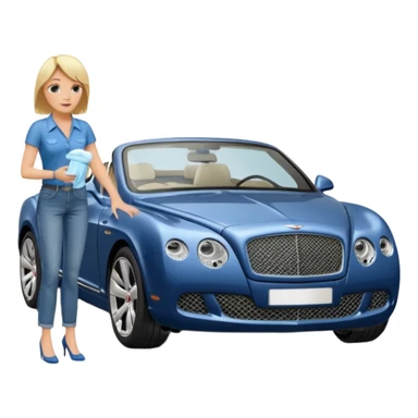 A heavy set middle aged blond lady in blue jeans washing a black Bentley car. show the full car and the lady next to it. show the face smaller and the person standing beside it...use the  sticker