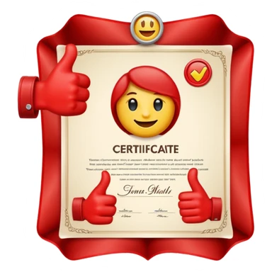 A simple emoji of a certificate document with a seal and a thumbs-up symbol, representing qualification or certification emoji style sticker