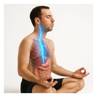 realistic 4K image of a man improving his vagus nerve through breathing protocols, side view, anatomical details, highlighted vagus nerve path with blue glowing effect, man sitting in meditation, transparency on internal organs, white background sticker