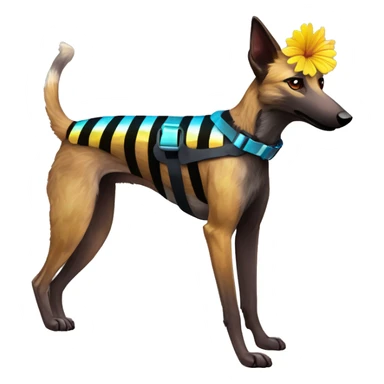  brindle brown black maroon striped lurcher Alsatian fox running blue eyes and iridescent holographic oilslick harness wearing paper iridescent tropical flower crown yellow caution tape sticker
