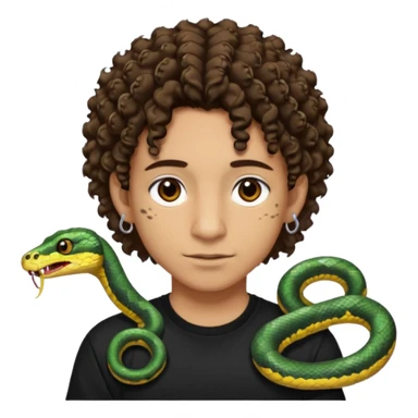 Chico con cabello medio corto, rizado, con ojos marrones, piel trigueña, con dos piercings debajo del labio (Snake bites) y dos piercings en cada oreja con pendientes negro, con polera negra sticker