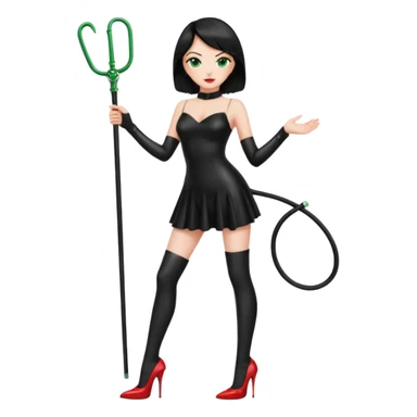 🕵🏻‍♀️💦🧥 black hair , green eyes , full body , red high heels , whip , black latex dress sticker
