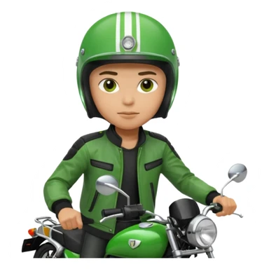 ojek online driver, using motorbike, the helmet is green. green jacket, not green motorbike (maybe a black jacket with green stripes just a little) then please make the driver not looking at "camera",  sticker