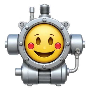 Industrial mechanical motor with a smiley face, emoji for the new electric music genre Motor breaks must be friendly and sellable must be small but clear child friendly, ready to use as a logo, motor synth sticker