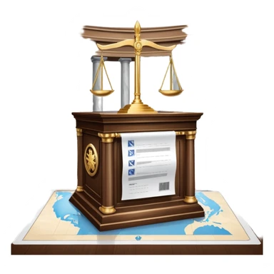 An icon featuring a ballot box with a voting paper, a government building with columns, and a scale of justice, symbolizing political science. The design includes a world map in the background, representing global political systems. Transparent background highlights governance and civic studies. sticker