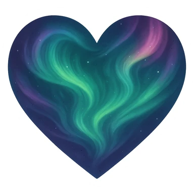 heart with a swirling aurora effect, digital illustration, no background, subtle stars sticker