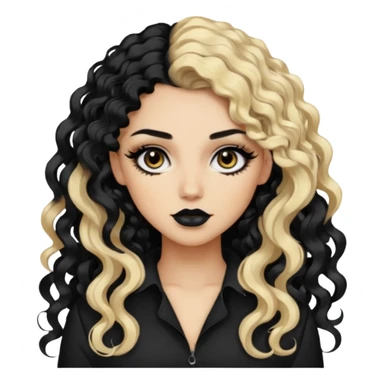 split dye leftside blonde rightside black-brown hair, baddie, pretty makeup, black eyeliner, long curly hair sticker