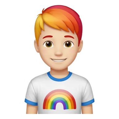 boy smiling with flower outdoors in a t-shirt that says “rainbows are gay“ sticker
