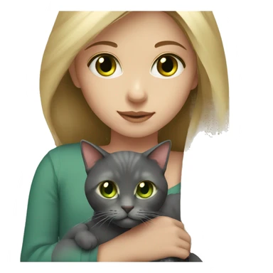 girl with long blonde hair and hazel eyes holding a dark grey cat with green eyes sticker