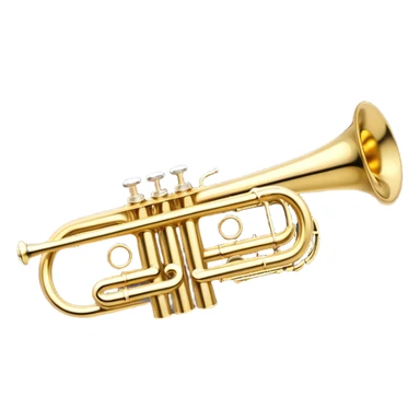 Create a sleek and professional emoji representing a Stomvi trumpet. The design should showcase the shiny, polished brass body of the trumpet with its distinct bell, valves, and tuning slides. Highlight the intricate keywork and the valve pistons, with detailed metallic accents and subtle reflections on the surface. The mouthpiece should be visible at the top of the instrument. Use golden and brass tones with light reflections to emphasize the smooth, high-quality finish. Add a few musical notes floating around the trumpet to evoke its bright and resonant sound. The background should be transparent. sticker
