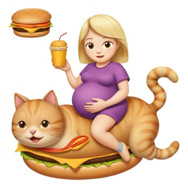 Pregnant person with downsyndrome flying on a cat while eating a cheese burger sticker