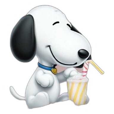 Snoopy (full body, standing) holding a straw in his hand against his nose bent over a table sucking up a pile of sugar sticker