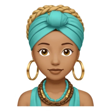 Non-portrait Jayci-vibe emoji, 1024 PNG, transparent. Headwrap (muted R-G-G), hoops, locs hint; soft smile, golden inner glow + faint heart aura. Embed: first-love, roots calm, playful grace, protective joy, consent. sticker