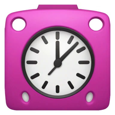 A fucsia alarm clock with black eyes and a white dial for a face sticker