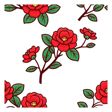 Elegant camellia japonica (tsubaki) bloom with perfect geometric arrangement of deep red petals and serrated green leaves sticker