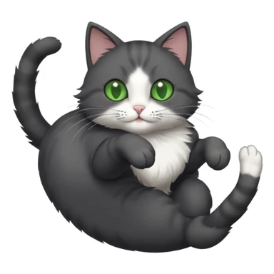 solid dark grey cat with green eyes, white toes/paws and white patch on her chest playfully rolling upside down sticker