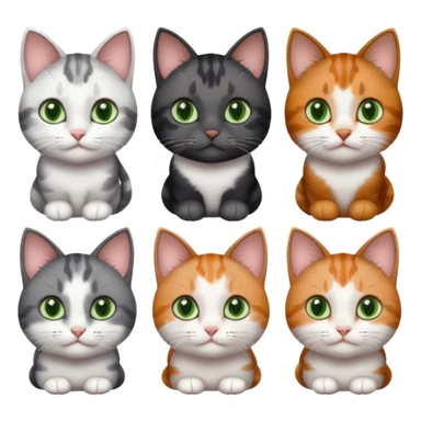 6 different coloured small cats including a dark grey and white, and a patchy calico, and a brown tabby and white,  and a completely solid dark grey with green eyes and only white paws sticker