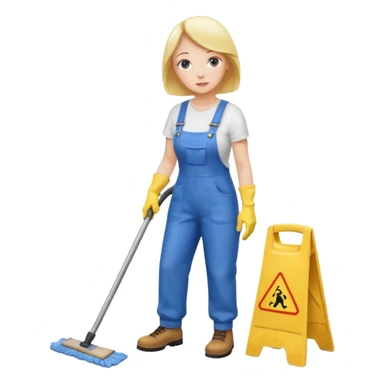 middle-aged women, Custodian with yellow rubber gloves, white T-shirt, blue overalls, mopping floor sticker