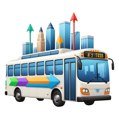 modern bus at a 45-degree angle with three colorful arrows pointing to city icons, no skyline sticker