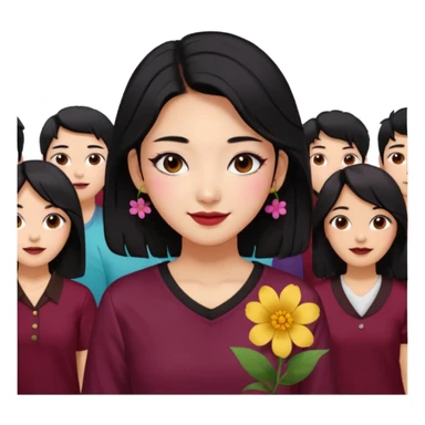 A Korean woman with messy and stylish black hair, a flower in her ear and an iconic Y2K shirt maroon and brown hazel eyes, makeup sweetie,A Style Vibe in the Crowd sticker