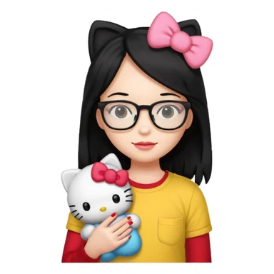 Nails cute with hello kitty wear glasses black long  hair, wear yellow shirt , red nails , big hello kitty sticker