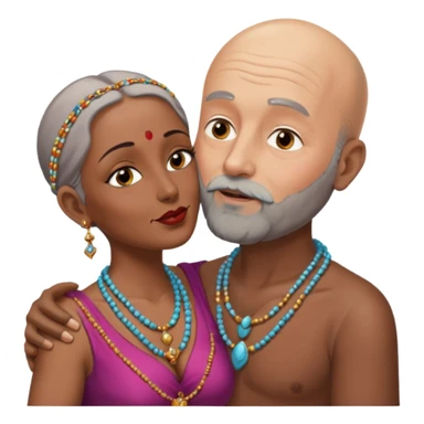 A man in his 60s balding with a grey beard passionately kissing the vagina  of an Indian woman in her 40s wearing a beads chain with here cleavage visible and embracing the man sticker