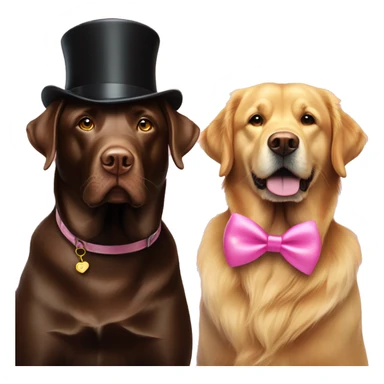 A chocolate lab with a pink bow on her head sitting next to a golden retriever big brother who has a top hat on  sticker