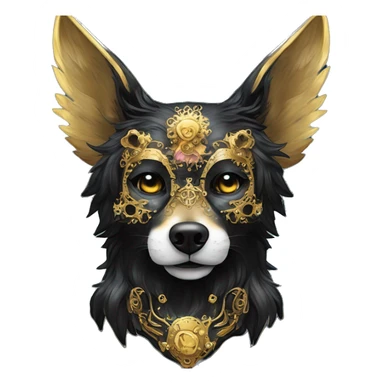 Black iridescent fluffy dog fox head skull zombie skull skeleton gold mechanical steampunk raven wings nebula galaxy stars colorful flowers fairy lights vintage sticker