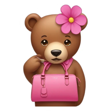 A pink bear with a pink flower on its head and a brown handbag sticker