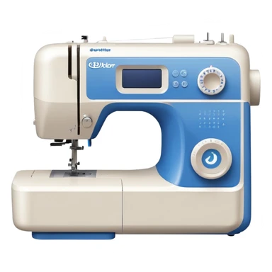 Modern Brother-style computerized sewing machine emoji, white and light gray with a blue thread spool, small LCD screen and round dial, three-quarter view, soft gradients and shadows in Apple emoji style, plain light background. sticker