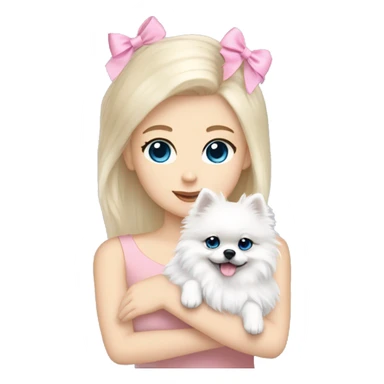 Blond girl white skin blue eyes hugging white Pomeranian with light pink bow sticker