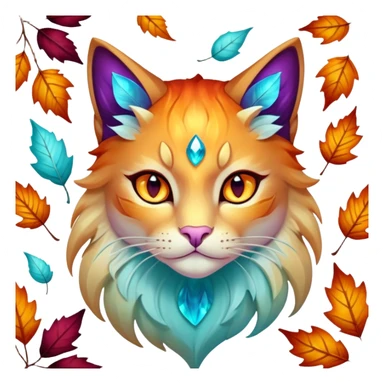 This fascinating hybrid creature combines the crystalline structure of a feline with the warm autumn foliage of a leaf being. Its core body maintains the sleek shape of a cat but is composed of translucent crystals that shift between turquoise blue and amber-orange hues. The creature's face features a blend of feline features with the gentle expression of the leaf being – sharp crystalline ears frame a round, friendly face with glowing purple-amber eyes. Most striking is how autumn leaves emerge from its crystalline body, forming a mane-like collar around its neck and sprouting along its spine and tail. These leaves shimmer with both crystalline properties and natural autumn colors – orange, gold, and deep red – with visible veining that occasionally pulses with energy. When the creature moves, the leaves rustle softly while the crystal body catches light, creating a mesmerizing display of nature and gemstone elements. sticker