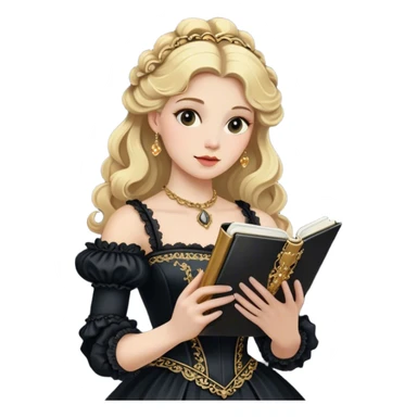 Blonde model wearing a black rococo gown clutching a golden notebook sticker