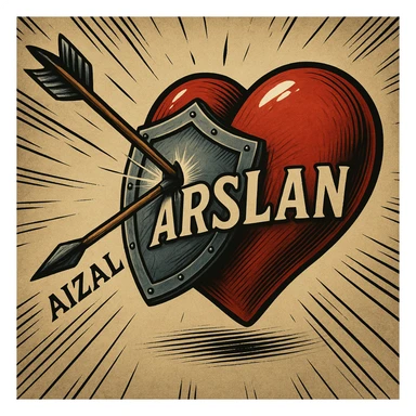 Add the name 'Aizal' written clearly and legibly on the arrow and the name 'ARSLAN' written clearly and legibly on the heart, keeping the same style and composition as the original image. The text should be readable and integrated naturally with the existing elements. sticker
