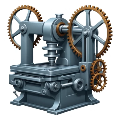 An icon featuring a giant machine tool in a factory workshop, symbolizing mechanical engineering. The design includes gears, levers, and mechanical components, representing the design and manufacturing of machinery. Transparent background highlights the precision sticker